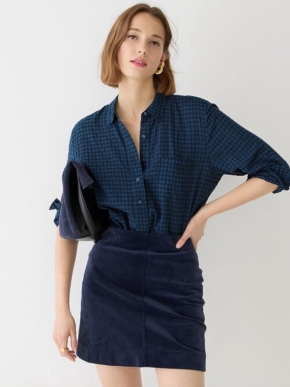 J. Crew Classic Gingham Popover Half Button Shirt Navy Blue Womens 10